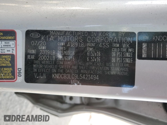 2020 Kia Niro LXS with VIN KNDCB3LC9L5421494, listed as a Copart auction lot 44013145 with 0 mi miles and Salvage Title. Bid and sale history available at carsss.com. Image 13.