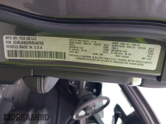2024 Jeep Grand Cherokee Limited with VIN 1C4RJKBG0R8548766, listed as a IAAI auction lot 42496952 with 30,354 mi miles and . Bid and sale history available at DreamBid. Image 9.