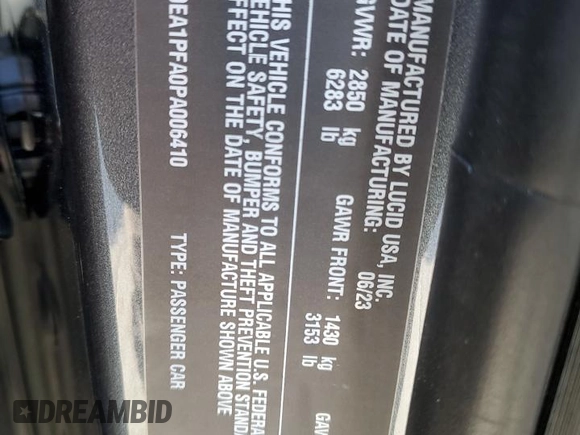 2023 Lucid Air Pure z VIN 50EA1PFA0PA006410, wystawiony jako Copart lot #89054185 z przebiegiem 13 605 mil mil oraz Szkody całkowita. Historia ofert i sprzedaży dostępna na DreamBid. Obrazek 13.