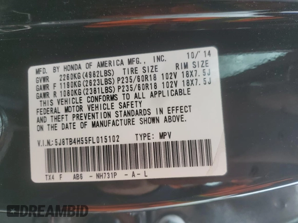 2015 Acura RDX Technology z VIN 5J8TB4H55FL015102, wystawiony jako Copart lot #52599135 z przebiegiem 61 830 mil mil oraz Szkoda całkowita • Salvage title. Historia ofert i sprzedaży dostępna na DreamBid. Obrazek 13.