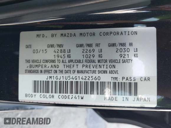 2016 Mazda Mazda6 i Sport with VIN JM1GJ1U54G1422560, listed as a IAAI auction lot 41935881 with 87,030 mi miles. Bid and sale history available at carsss.com. Image 9.