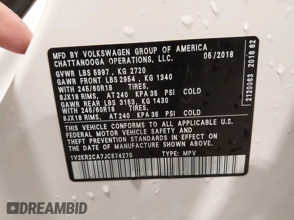 2018 Volkswagen Atlas SE with VIN 1V2KR2CA7JC574270, listed as a IAAI auction lot 41654110 with 104,440 mi miles and . Bid and sale history available at DreamBid. Image 9.