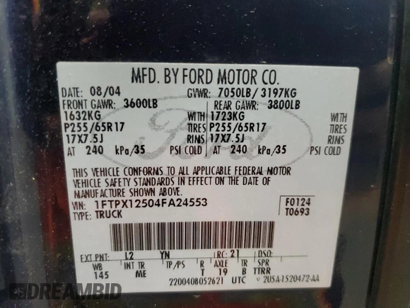 2004 Ford F-150 XL z VIN 1FTPX12504FA24553, wystawiony jako Copart lot #57889795 z przebiegiem 173 689 mil mil oraz Szkoda całkowita • Salvage title. Historia ofert i sprzedaży dostępna na DreamBid. Obrazek 12.