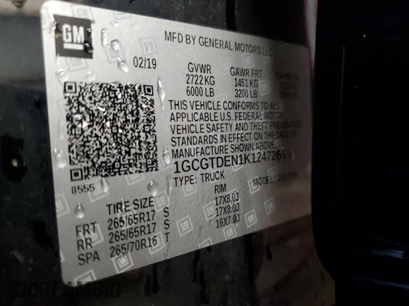 2019 Chevrolet Colorado 4WD Z71 z VIN 1GCGTDEN1K1247266, wystawiony jako Copart lot #56688755 z przebiegiem Nie podano mil oraz Szkoda całkowita • Salvage title. Historia ofert i sprzedaży dostępna na DreamBid. Obrazek 13.