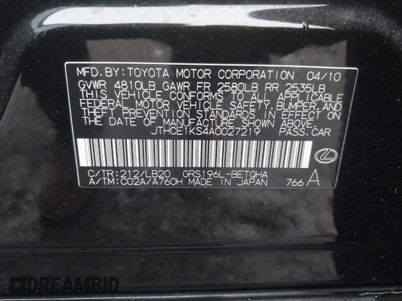 2010 Lexus GS 350 z VIN JTHCE1KS4A0027219, wystawiony jako IAAI lot #41979602 z przebiegiem 189 721 mil mil oraz . Historia ofert i sprzedaży dostępna na DreamBid. Obrazek 9.