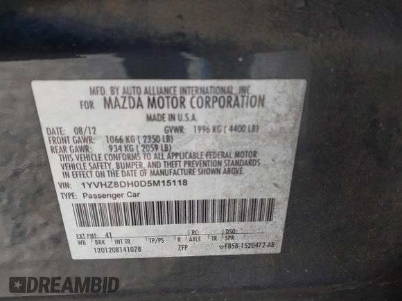2013 Mazda 6 i Touring с VIN 1YVHZ8DH0D5M15118, выставлен на аукционе IAAI как лот 41285082 с пробегом 246 803 миль миль и . История ставок и продаж доступна на DreamBid. Изображение 9.