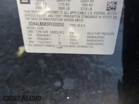 2015 Chevrolet Equinox LT with VIN 2GNALBEK5F6300030, listed as a Copart auction lot 48563585 with 140,093 mi miles and Clean Title. Bid and sale history available at carsss.com. Image 13.
