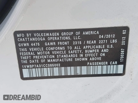 2012 Volkswagen Passat SE с VIN 1VWBP7A31CC085002, выставлен на аукционе IAAI как лот 42318915 с пробегом Не указан миль и . История ставок и продаж доступна на DreamBid. Изображение 9.