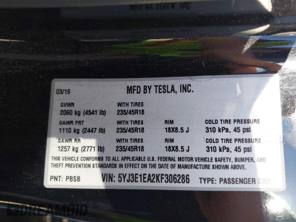 2019 Tesla Model 3 Mid Range with VIN 5YJ3E1EA2KF306286, listed as a IAAI auction lot 41699127 with 56,249 mi miles and . Bid and sale history available at DreamBid. Image 9.