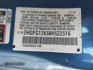 2008 Honda Civic Cpe LX with VIN 2HGFG12658H522516, listed as a IAAI auction lot 41447434 with 151,531 mi miles. Bid and sale history available at carsss.com. Image 9.
