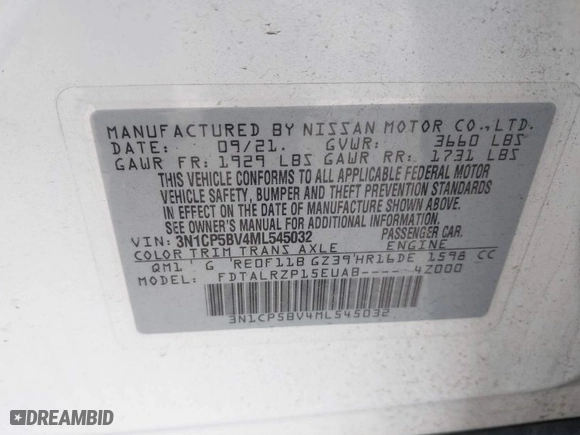 2021 Nissan Kicks S with VIN 3N1CP5BV4ML545032, listed as a IAAI auction lot 41722907 with 58,299 mi miles. Bid and sale history available at carsss.com. Image 9.
