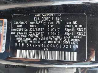2022 Kia Sorento LX with VIN 5XYRG4LC9NG102169, listed as a IAAI auction lot 41709526 with 50,507 mi miles. Bid and sale history available at carsss.com. Image 9.