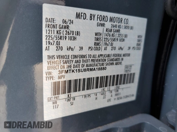 2024 Ford Mustang Mach-E Select with VIN 3FMTK1SU8RMA18880, listed as a Copart auction lot 53863165 with 8,388 mi miles and Salvage title. Bid and sale history available at DreamBid. Image 14.