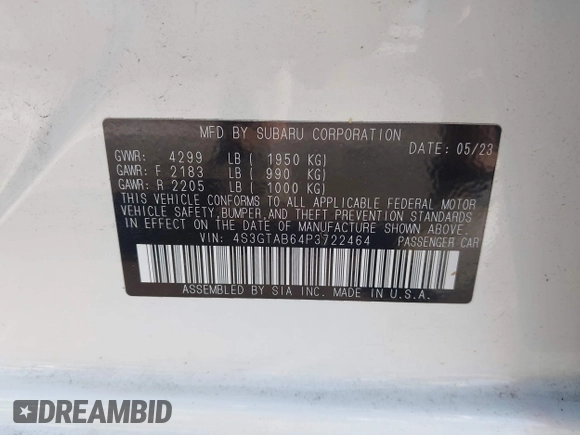 2023 Subaru Impreza with VIN 4S3GTAB64P3722464, listed as a IAAI auction lot 42358312 with 11,144 mi miles and . Bid and sale history available at DreamBid. Image 9.