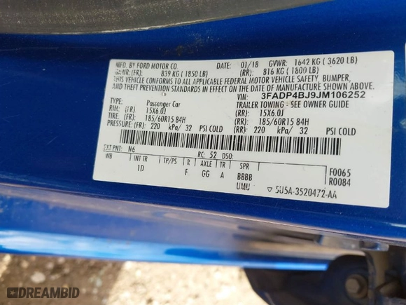 2018 Ford Fiesta SE with VIN 3FADP4BJ9JM106252, listed as a IAAI auction lot 41769188 with 94,088 mi miles. Bid and sale history available at carsss.com. Image 9.