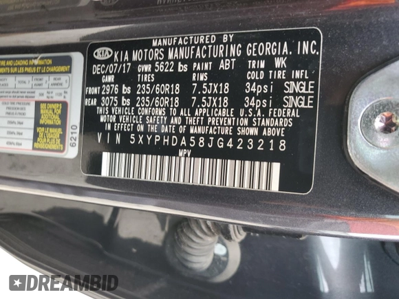 2018 Kia Sorento EX with VIN 5XYPHDA58JG423218, listed as a Copart auction lot 59315515 with 63,687 mi miles and Salvage title. Bid and sale history available at DreamBid. Image 13.