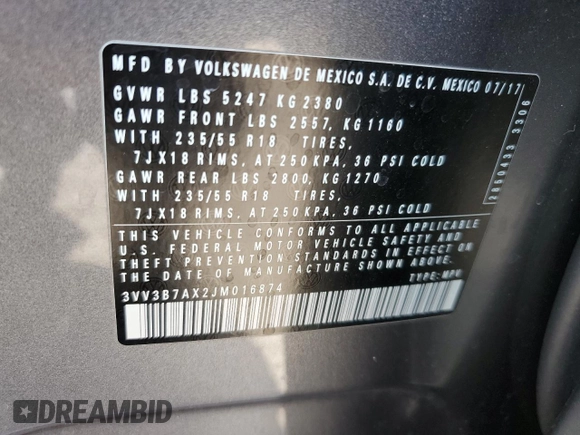 2018 Volkswagen Tiguan SEL z VIN 3VV3B7AX2JM016874, wystawiony jako Copart lot #54525515 z przebiegiem 87 472 mil mil oraz Nie do naprawy • Non repairable. Historia ofert i sprzedaży dostępna na DreamBid. Obrazek 13.