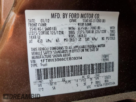 2012 Ford F-350 XL с VIN 1FT8W3B66CEB39304, выставлен на аукционе Copart как лот 58095905 с пробегом Не указан миль и Списание • Salvage title. История ставок и продаж доступна на DreamBid. Изображение 12.
