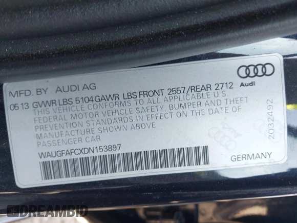 2013 Audi A6 Premium Plus with VIN WAUGFAFCXDN153897, listed as a IAAI auction lot 42622017 with 101,400 mi miles and . Bid and sale history available at DreamBid. Image 9.