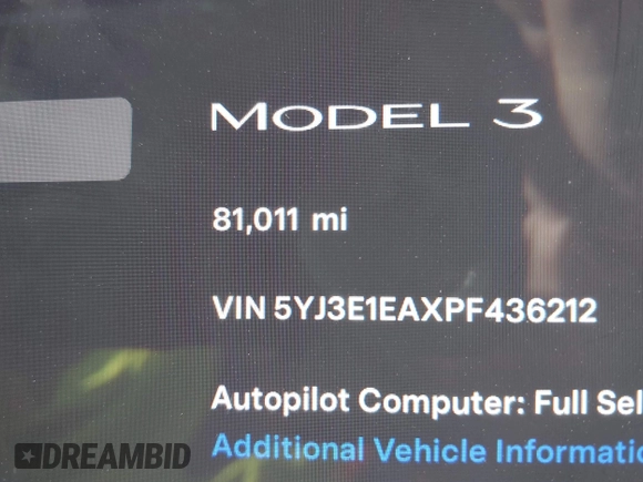 2023 Tesla Model 3 with VIN 5YJ3E1EAXPF436212, listed as a IAAI auction lot 41727400 with 81,011 mi miles and . Bid and sale history available at carsss.com. Image 15.
