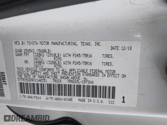 2019 Toyota Tacoma SR with VIN 5TFRX5GN9KX140351, listed as a IAAI auction lot 42593591 with 202,707 mi miles and . Bid and sale history available at DreamBid. Image 9.