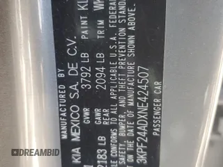 2022 Kia Forte LXS with VIN 3KPF24ADXNE424507, listed as a Copart auction lot 52427235 with 57,205 mi miles and Salvage Title. Bid and sale history available at DreamBid. Image 12.