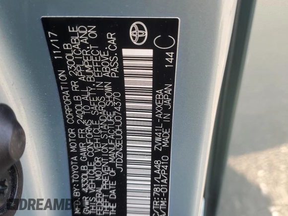2017 Toyota Prius v Two with VIN JTDZN3EU0HJ074370, listed as a Copart auction lot 48573605 with 67,060 mi miles and Salvage Title. Bid and sale history available at carsss.com. Image 13.