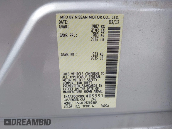 2013 Nissan LEAF SL z VIN 1N4AZ0CP9DC405951, wystawiony jako IAAI lot #42406663 z przebiegiem 60 910 mil mil oraz . Historia ofert i sprzedaży dostępna na DreamBid. Obrazek 9.