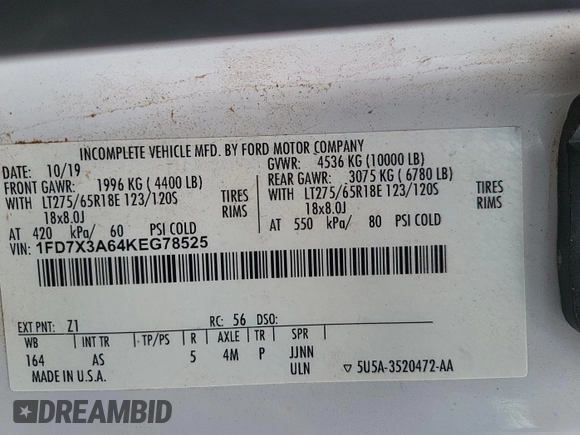 2019 Ford F-350 XL with VIN 1FD7X3A64KEG78525, listed as a IAAI auction lot 42726883 with 157,975 mi miles and . Bid and sale history available at DreamBid. Image 11.