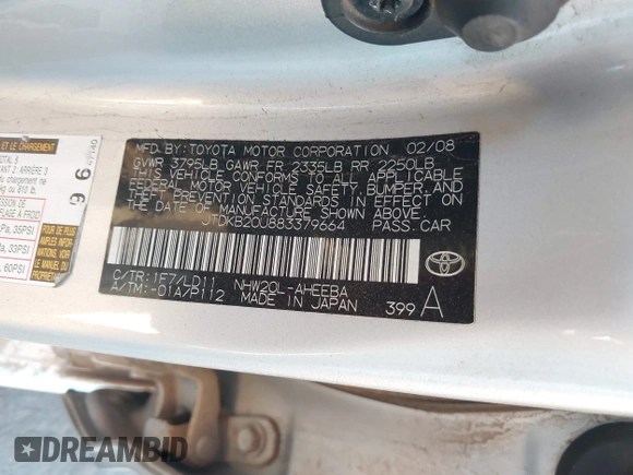 2008 Toyota Prius with VIN JTDKB20U883379664, listed as a IAAI auction lot 42234485 with Not Provided miles and . Bid and sale history available at DreamBid. Image 9.