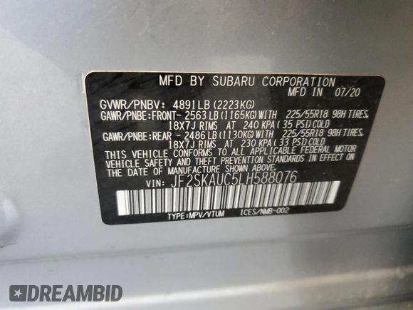 2020 Subaru Forester Limited with VIN JF2SKAUC5LH588076, listed as a Copart auction lot 63333775 with 43,694 mi miles and Salvage title. Bid and sale history available at DreamBid. Image 13.