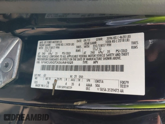 2016 Ford Escape SE with VIN 1FMCU0G73GUA91025, listed as a IAAI auction lot 42100978 with 164,241 mi miles. Bid and sale history available at carsss.com. Image 9.