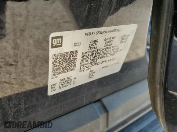 2024 Chevrolet Tahoe RST with VIN 1GNSCRKD2RR114327, listed as a Copart auction lot 50584815 with Not provided miles and Salvage title. Bid and sale history available at DreamBid. Image 13.