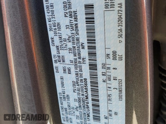 2021 Ford Escape S with VIN 1FMCU9F67MUA85608, listed as a Copart auction lot 52105335 with 20,140 mi miles and Non Repairable. Bid and sale history available at DreamBid. Image 13.