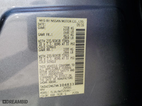 2017 Nissan Murano SL with VIN 5N1AZ2MG7HN104833, listed as a Copart auction lot 72215864 with 77,146 mi miles and Salvage Title. Bid and sale history available at carsss.com. Image 16.