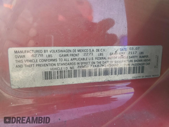 2007 Volkswagen Jetta 2.5 z VIN 3VWSF71K87M145002, wystawiony jako Copart lot #43320195 z przebiegiem 222 363 mil mil oraz Szkoda całkowita • Salvage title. Historia ofert i sprzedaży dostępna na DreamBid. Obrazek 12.