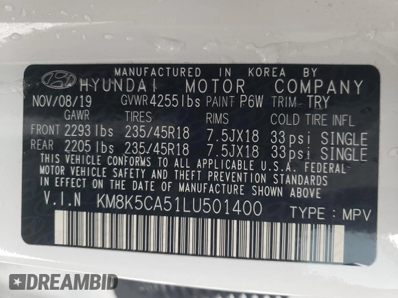 2020 Hyundai Kona Ultimate with VIN KM8K5CA51LU501400, listed as a Copart auction lot 37271133 with 49,482 mi miles and . Bid and sale history available at DreamBid. Image 13.