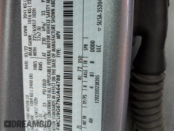 2022 Ford Escape SE with VIN 1FMCU9G67NUA64788, listed as a Copart auction lot 45883815 with 48,537 mi miles and Salvage Title. Bid and sale history available at DreamBid. Image 15.