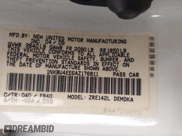 2010 Toyota Corolla with VIN 1NXBU4EE6AZ176811, listed as a IAAI auction lot 41736539 with 230,618 mi miles. Bid and sale history available at carsss.com. Image 9.