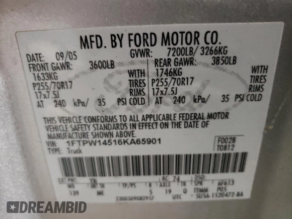 2006 Ford F-150 XLT with VIN 1FTPW14516KA65901, listed as a Copart auction lot 86382464 with 0 mi miles and Non Repairable. Bid and sale history available at carsss.com. Image 12.