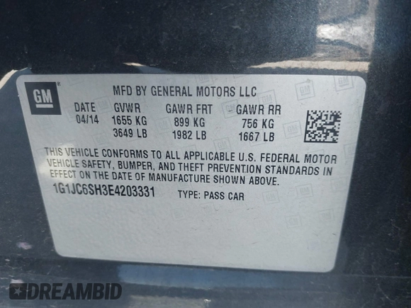 2014 Chevrolet Sonic LT with VIN 1G1JC6SH3E4203331, listed as a IAAI auction lot 41595915 with 161,876 mi miles. Bid and sale history available at carsss.com. Image 9.