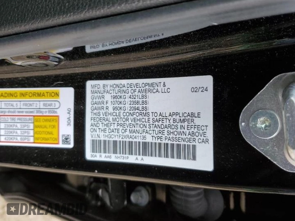 2024 Honda Accord LX z VIN 1HGCY1F2XRA041135, wystawiony jako Copart lot #51101845 z przebiegiem 13 648 mil mil oraz Nie do naprawy • Non repairable. Historia ofert i sprzedaży dostępna na DreamBid. Obrazek 13.