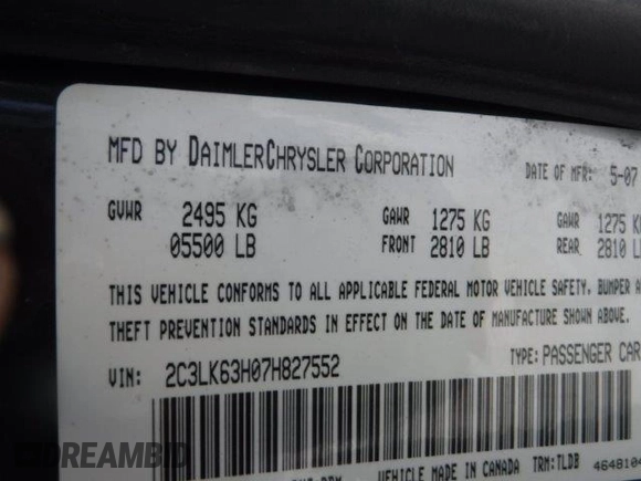 2007 Chrysler 300 C with VIN 2C3LK63H07H827552, listed as a Copart auction lot 45689325 with Not Provided miles and Salvage Title. Bid and sale history available at carsss.com. Image 9.