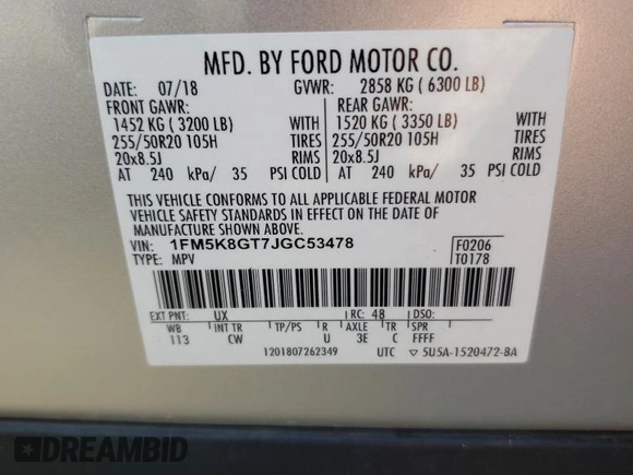 2018 Ford Explorer Sport с VIN 1FM5K8GT7JGC53478, выставлен на аукционе Copart как лот 54151545 с пробегом 97 617 миль миль и Списание • Salvage title. История ставок и продаж доступна на DreamBid. Изображение 13.