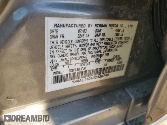 2003 Nissan Altima S with VIN 1N4AL11D43C326749, listed as a Copart auction lot 52780975 with 301,330 mi miles and Salvage Title. Bid and sale history available at carsss.com. Image 13.