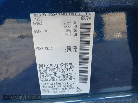 2024 Nissan Altima 2.5 SR with VIN 1N4BL4CW6RN426174, listed as a IAAI auction lot 41772294 with 4,369 mi miles. Bid and sale history available at carsss.com. Image 9.
