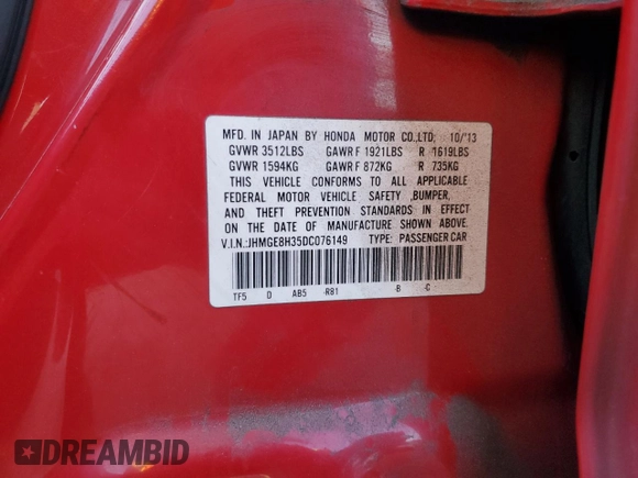 2013 Honda Fit with VIN JHMGE8H35DC076149, listed as a Copart auction lot 46454135 with 153,392 mi miles and Salvage Title. Bid and sale history available at carsss.com. Image 14.