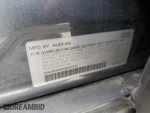 2019 Audi A8 L with VIN WAU8DAF83KN010101, listed as a Copart auction lot 52979775 with 32,882 mi miles and Salvage Title. Bid and sale history available at carsss.com. Image 12.