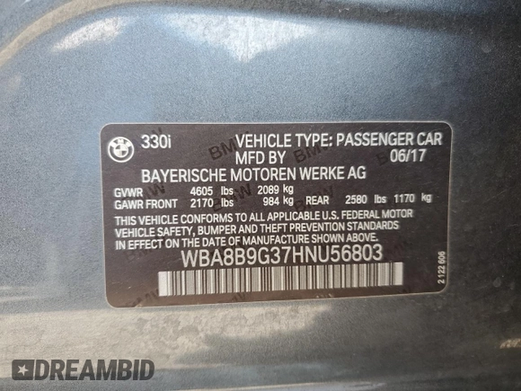 2017 BMW 3 Series 330i with VIN WBA8B9G37HNU56803, listed as a Copart auction lot 50347845 with 86,110 mi miles and Salvage Title. Bid and sale history available at carsss.com. Image 12.