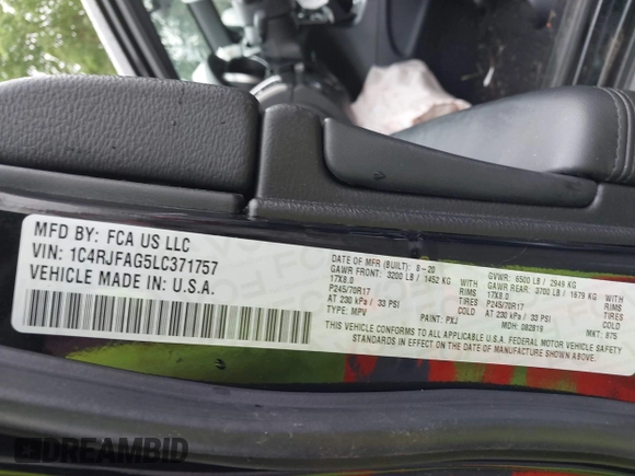 2020 Jeep Grand Cherokee North with VIN 1C4RJFAG5LC371757, listed as a IAAI auction lot 42376118 with 54,508 mi miles and . Bid and sale history available at DreamBid. Image 9.
